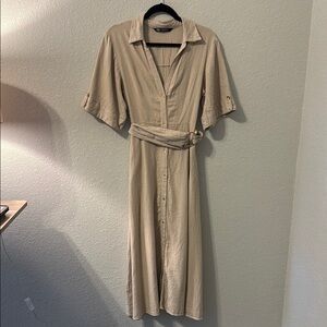 Zara Tan Sheath Midi Dress with Notched Collar